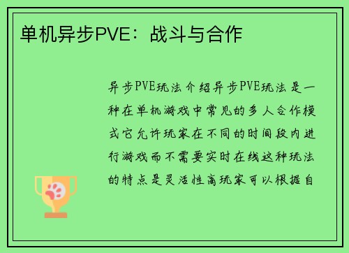 单机异步PVE：战斗与合作